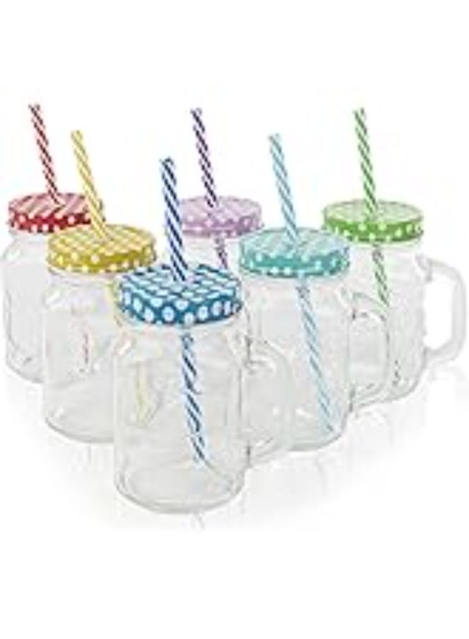 Glass Drinking Jar/Mug with Handle, Stainless Steel Lid, Stainless Steel Colored Lid, Colored Straws, Regular Mouth, Dishwasher Safe, BPA Free, Set of 6 (16 oz/Pint)